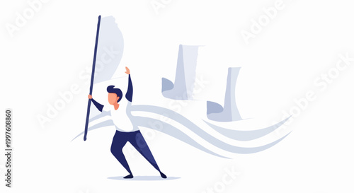 A person triumphantly raising a white flag with abstract wavy design elements in the background, signifying surrender or peace