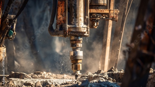 Construction site featuring high tech unbranded hydraulic drilling equipment installing deep foundation micro pile into rocky terrain High pressure water slurry visible drill entry point Industrial
