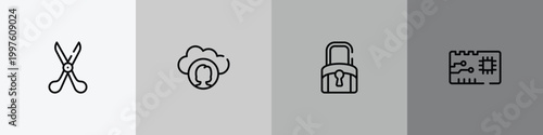 material devices outline icon set featuring scissors tool, cloud computing user, black locked, printed circuit icons.