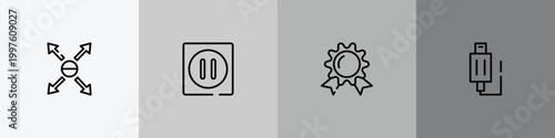 computer and media outline icon set featuring responsive, pause, wax seal with ribbon, usb plug icons.