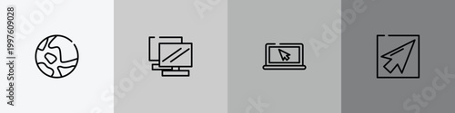 computer and media outline icon set featuring map, notebook double tool image, screen with cursor arrow, mouse pointer icons.