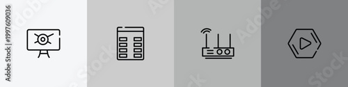 computer and media outline icon set featuring computer virus, spreadsheet column, wireless lan router device, media play icons.