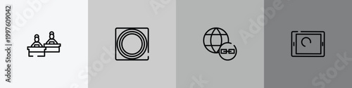 modern screen outline icon set featuring computer workers group, button touch, earth link, touch screen icons.