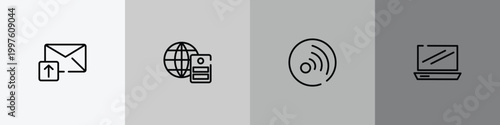 modern screen outline icon set featuring email upload, server with the earth, rss updates subscription, laptop frontal opened view icons.