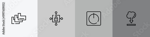 cloud computing outline icon set featuring index folder, locked internet security padlock, standby, power button, internet cloud download icons.