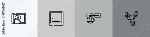 cloud computing outline icon set featuring cellphone in a hand, keyboard key 1, link on internet, synchronized devices icons.
