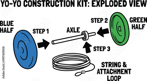 Yo Yo Assembly Diagram Vector Illustration Showing Exploded View with Axle String Attachment and Colored Halves for Toy Construction Guide and Educational Design
