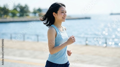 晴れた海辺の遊歩道を笑顔で爽やかにランニングする若い女性