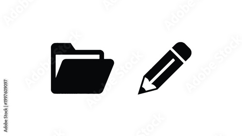 black folder and pencil icons on white background