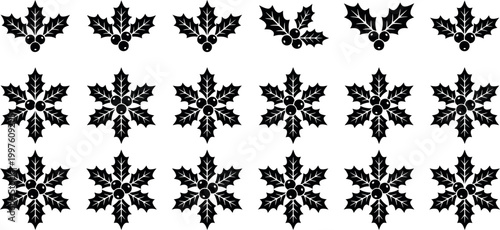 Christmas Holly Berry Silhouette Set Snowflake Leaf Icons