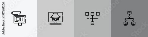 computer outline icon set featuring online robbery, hacking, sitemap, local network icons.