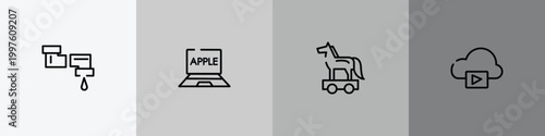 computer technology outline icon set featuring pipeline, laptop computer, trojan horse, storage media icons.
