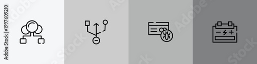 technology outline icon set featuring cloud sharing, universal serial usb connector, infected, accumulator icons.