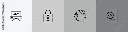 web design outline icon set featuring blackboard, security breach, transformation, mobile development icons.