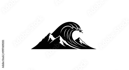 A stylized wave over mountain landscape.