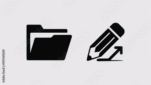 black icons of pencil and file folder on gray background