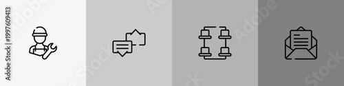 ways to contact us outline icon set featuring repair expert, discuss issue, desk organization, open envelope icons.