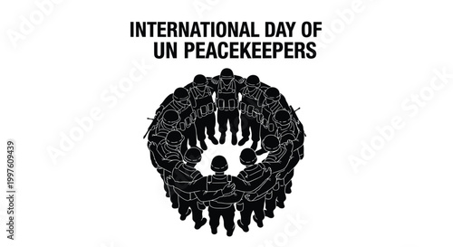 International Day of UN Peacekeepers celebrated with soldiers in solidarity embracing each other in a circle formation