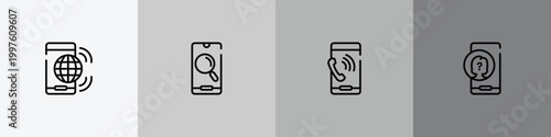 phoneset outline icon set featuring internet connection by cellphone, magnifier on phone screen, mobile phone call, unknown user icons.
