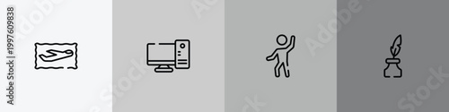 postal elements outline icon set featuring air service, desktop computer, enjoy, inkwell icons.