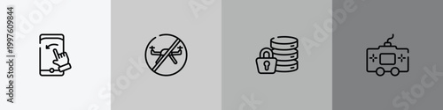 electronic device outline icon set featuring swipe left, no drone zone, encrypt, console icons.