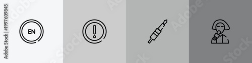 interview outline icon set featuring english language, caution triangle, jack cable, reporter icons.