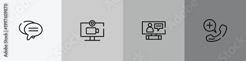 emergency services outline icon set featuring bubble chat, video chat, online interview, emergency call icons.