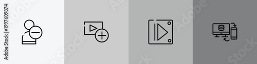 mobile network outline icon set featuring delete friend, add video, controls, data sharing icons.