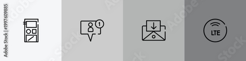 mobile interface outline icon set featuring audio recorder, friend request, incoming mail, lte icons.