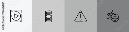 mobile network outline icon set featuring null, full battery, warning, online game icons.