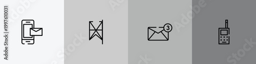 phone icons outline icon set featuring smartphone with email, lace, new email, vintage cellphone icons.