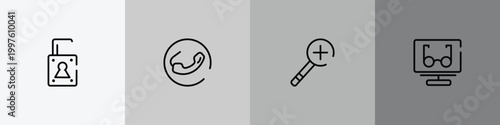 responsive design outline icon set featuring unlocked, phone receiver, zooming, reading mode icons.