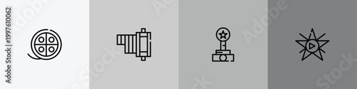 cinema outline icon set featuring movie reel, negative film, film award, film star icons.
