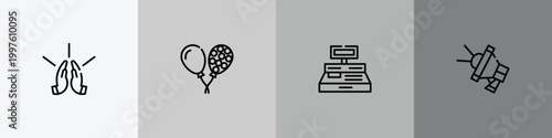 charity outline icon set featuring praying, ballons, cash box, loudspeaker icons.