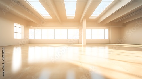 Bright empty modern loft space with natural lighting and wooden floor