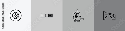 car parts outline icon set featuring car clutch, car petrol cap, choke, fender (us, canadian) icons.