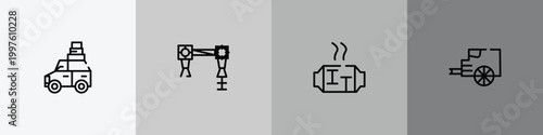 car parts outline icon set featuring car luggage rack, car torsion bar, catalytic converter, tailpipe icons.