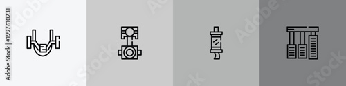 car parts outline icon set featuring car anti-roll bar, car connecting rod, silencer, accelerator icons.