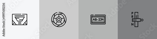 car parts outline icon set featuring car sunroof or sunshine roof, car tyre, numberplate, transmission icons.