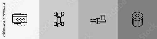 car parts outline icon set featuring car demister, car chassis, distributor, oil filter icons.