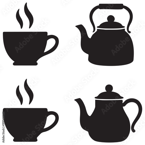 tea cup and kettle silhouettes on white background high quality professional detailed modern elegant stylish clean