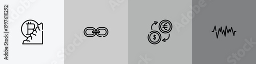 strategy and management outline icon set featuring bitcoin mine, web link, money exchange, line graphics icons.