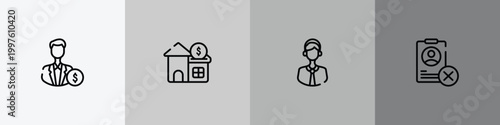 jobless outline icon set featuring investors, reit, telemarketer, uneducated icons.