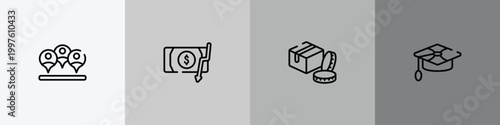 business administration outline icon set featuring viral, inflation, packages, mortarboard icons.