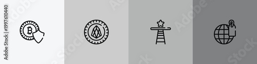 marketing outline icon set featuring cryptocurrency, null, shortcut, trademark icons.