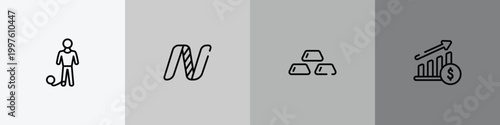 marketing outline icon set featuring prisoner, nasdaq, gold ingots, raise icons.