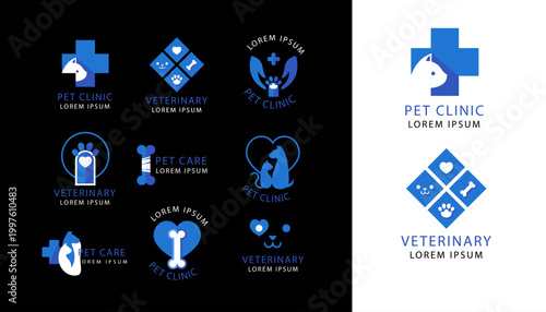 Veterinary Logo Set, Pet Clinic Branding Icons with Medical Cross, Dog and Cat Symbols