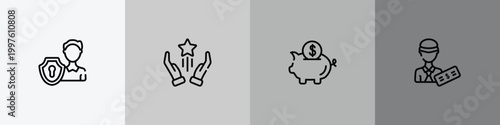 taxes outline icon set featuring personal security, advantage, piggybank, officer icons.