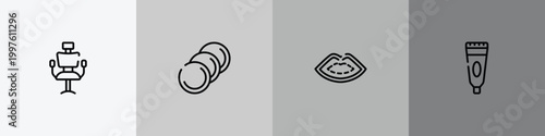 beauty and spa outline icon set featuring hairdresser chair, cotton discs, lip, tooth paste icons.
