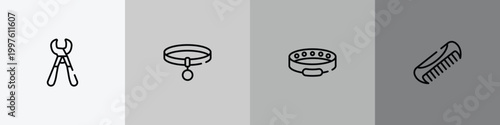 pet shop outline icon set featuring pet trimmer, collar, cat collar, pet comb icons.